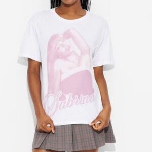 Sabrina Carpenter White Tee with Pink Graphic Oversized Boyfriend Tee